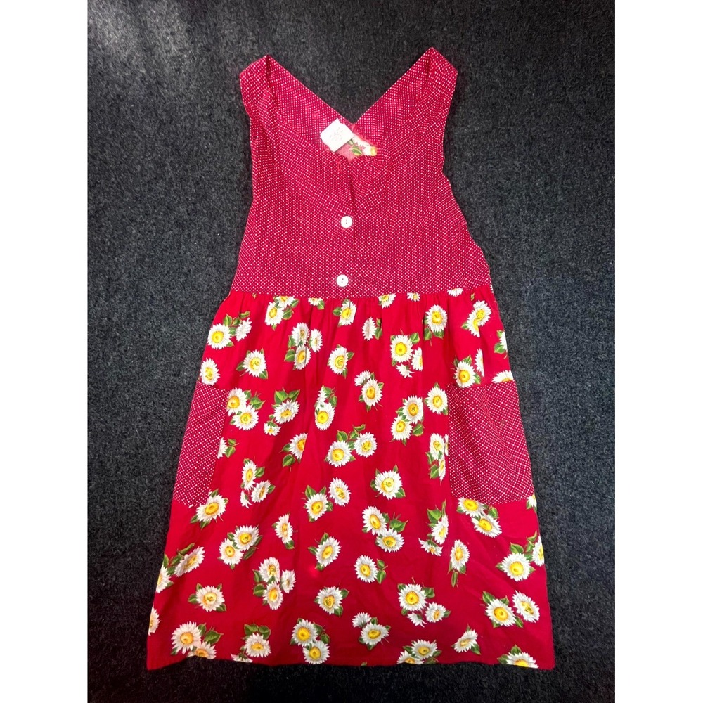 Vintage 90s Sunset Dress Girls 14 Red Floral Polka Dot Cotton Plunge V Neck